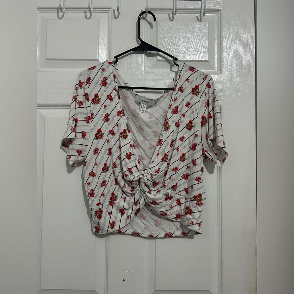 Forever 21 Striped Floral Knot Blouse